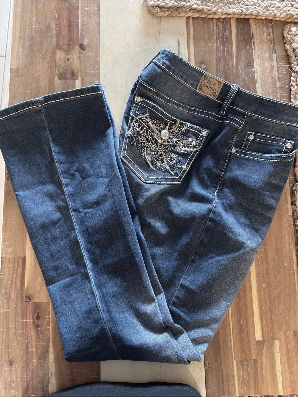 Love Indigo Women's Dark Indigo Boot Cut Jeans with Embroidered Pocket - Picture 4 of 10